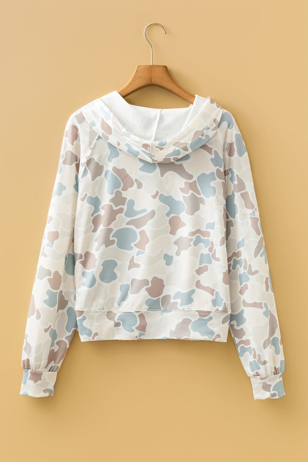 Beige Camouflage Print Long Sleeve Hooded Pullover Casual Top