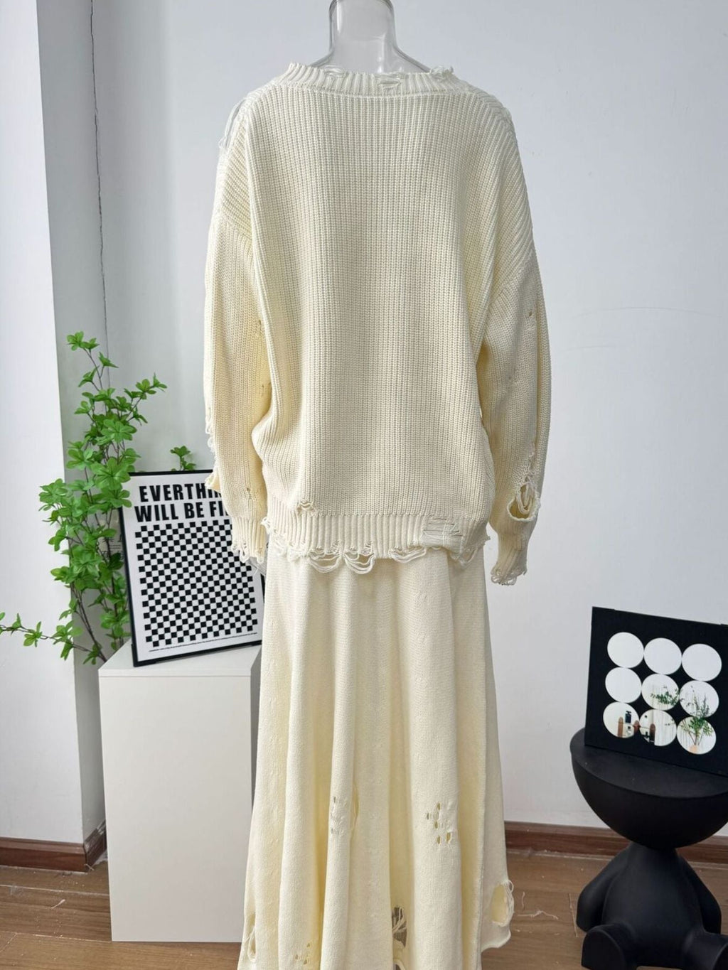 Distressed Long Sleeve Sweater and Skirt Set