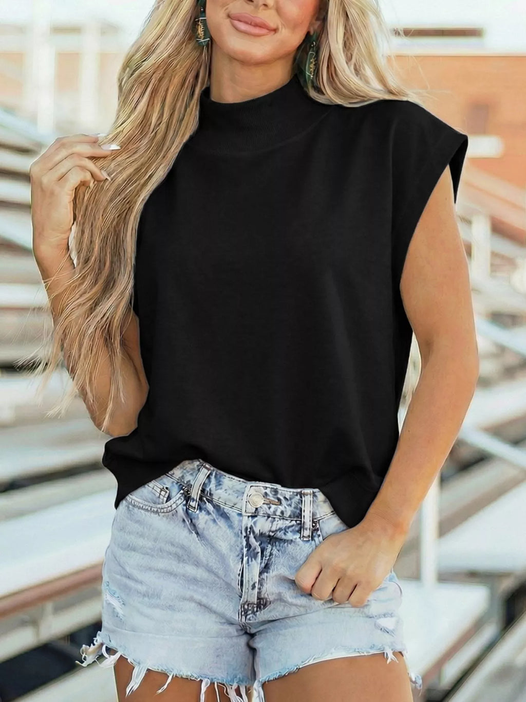 Mock Neck Cap Sleeve Blouse
