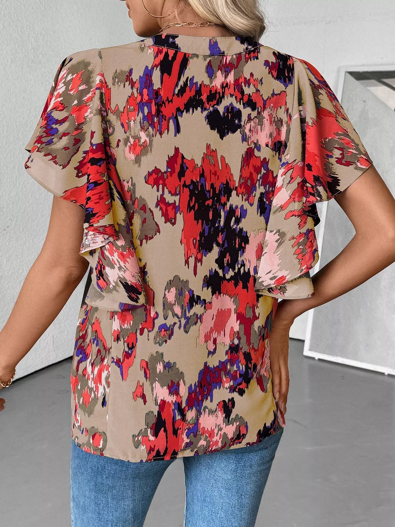 Abstract Print Flutter Sleeve Blouse