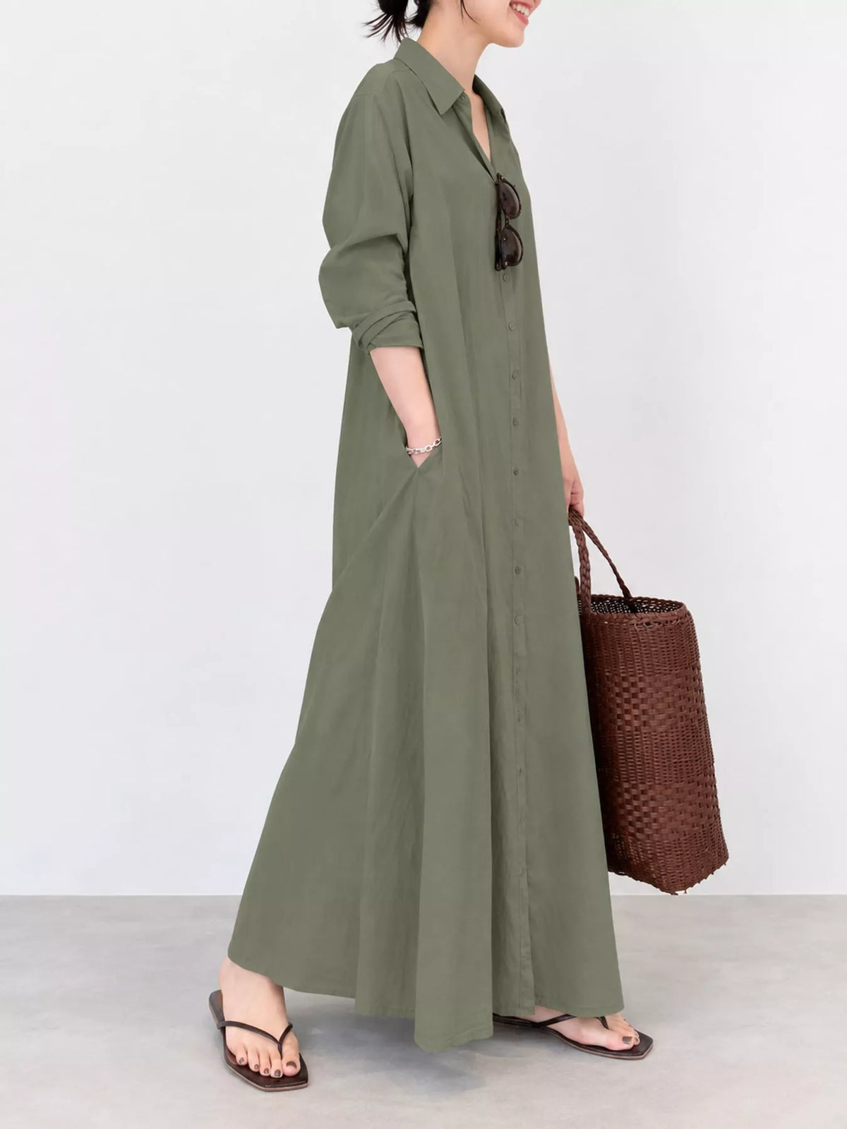 Full Size Button Front Long Sleeve Maxi Shirt Dress Plus Size