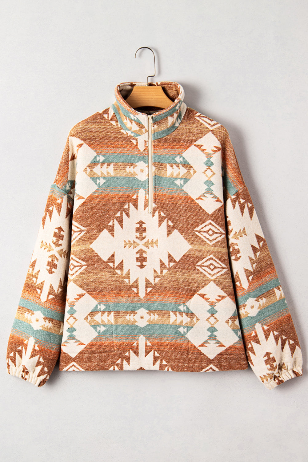 Western Aztec Quarter-Zip Elastic Cuffs Sweatshirt