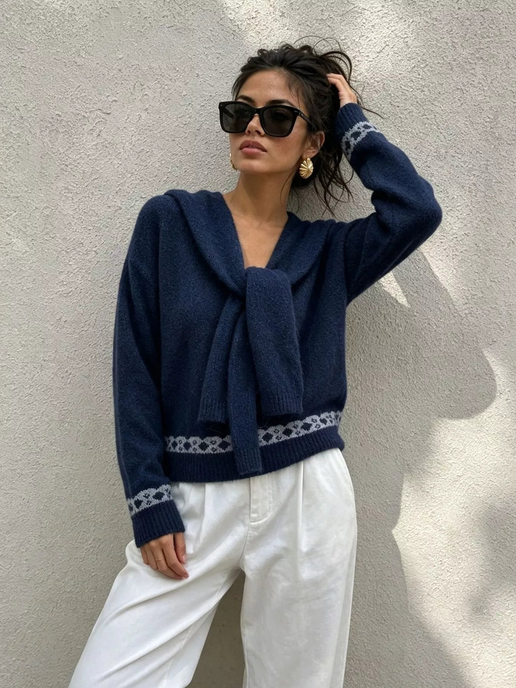 Scarf Detail Dropped Shoulder Sweater