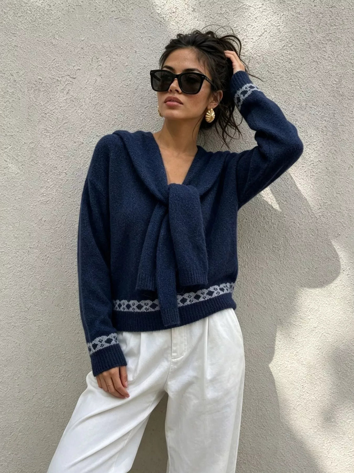Scarf Detail Dropped Shoulder Sweater
