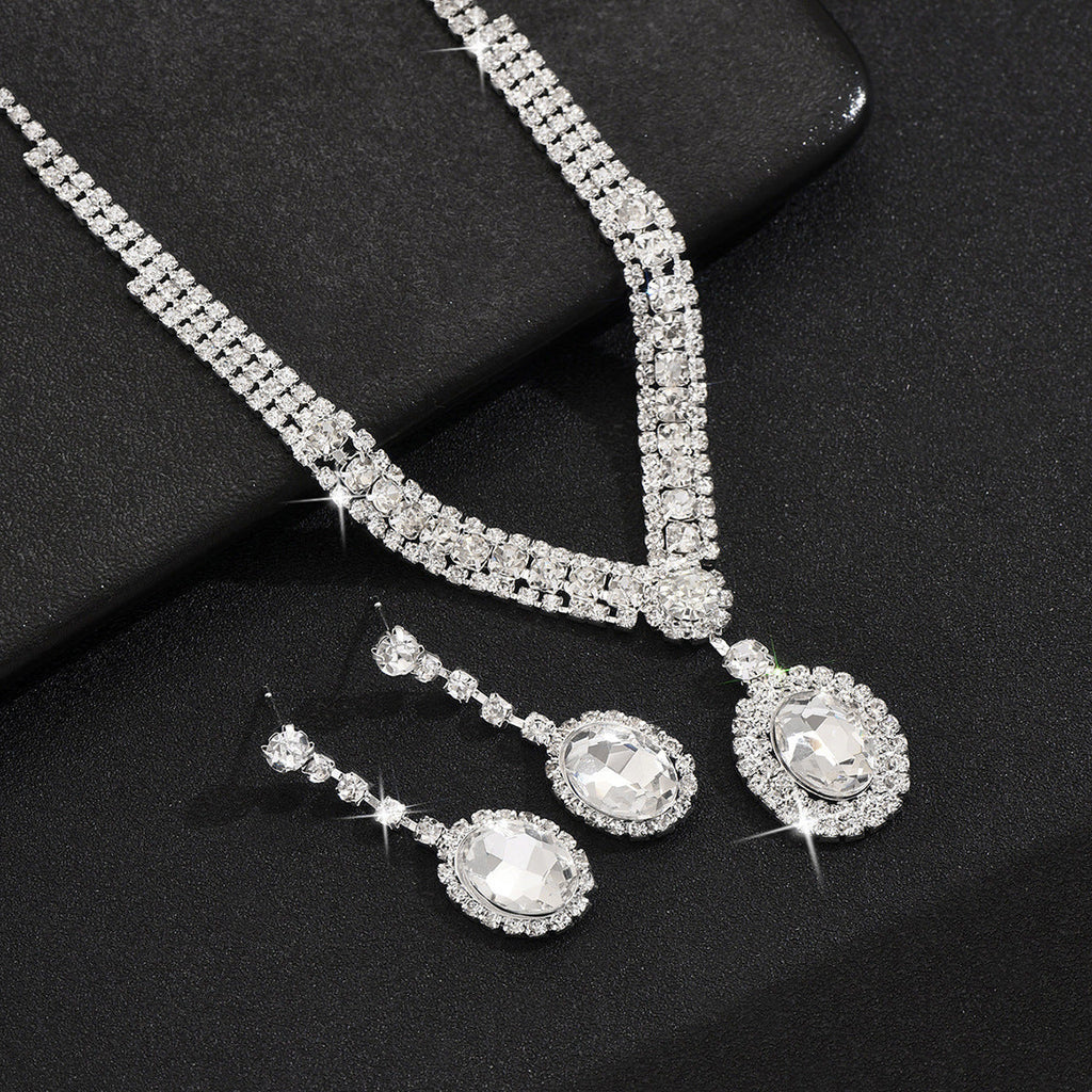 Cross-Border Dropshipping New Exquisite Claw Chain Rhinestone Earrings Necklace Set Elegant Round Water Drop Full Diamond Clavicle Jewelry