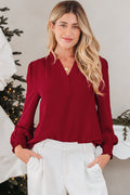 Burgundy Notched Neck Shirred Cuff Long Sleeve Blouse