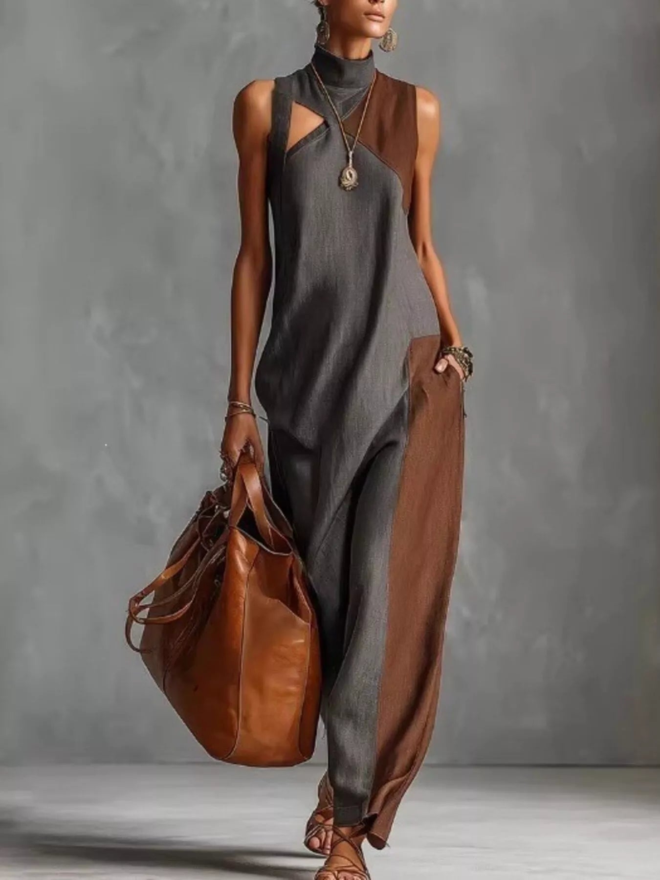 Full Size Color Block Mock Neck Sleeveless Maxi Dress Plus Size
