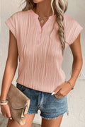 Pink Wavy Textured Button V Neck Tee