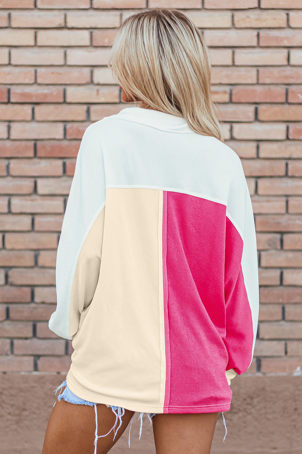 Colorblock Collared Ribbed Patchwork Pocketed Sweatshirt