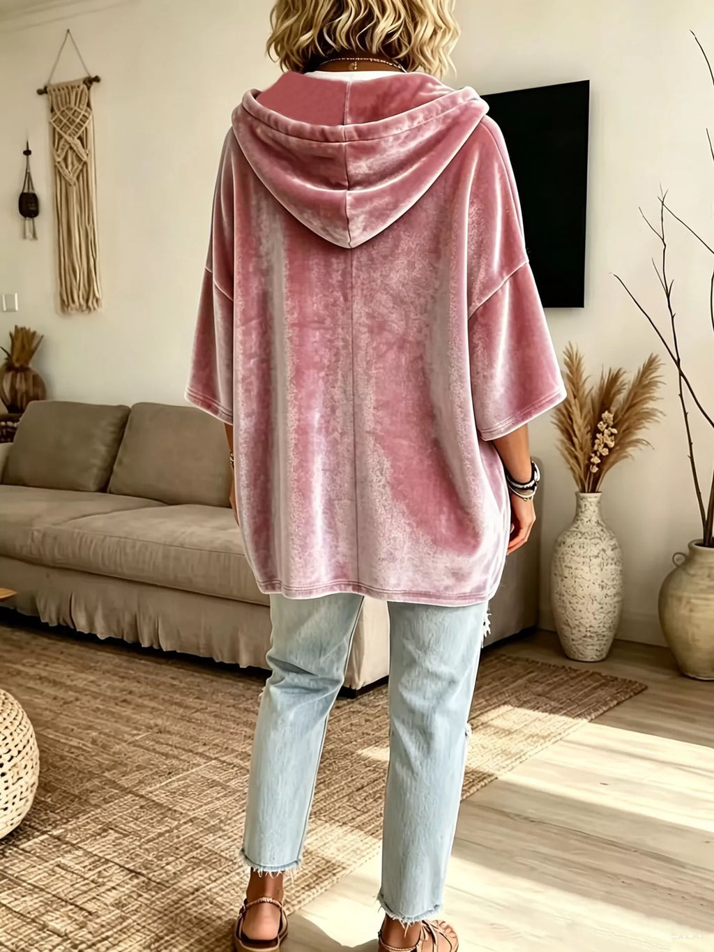 Full Size Velvet Button Detail Drawstring Hoodie Plus Size