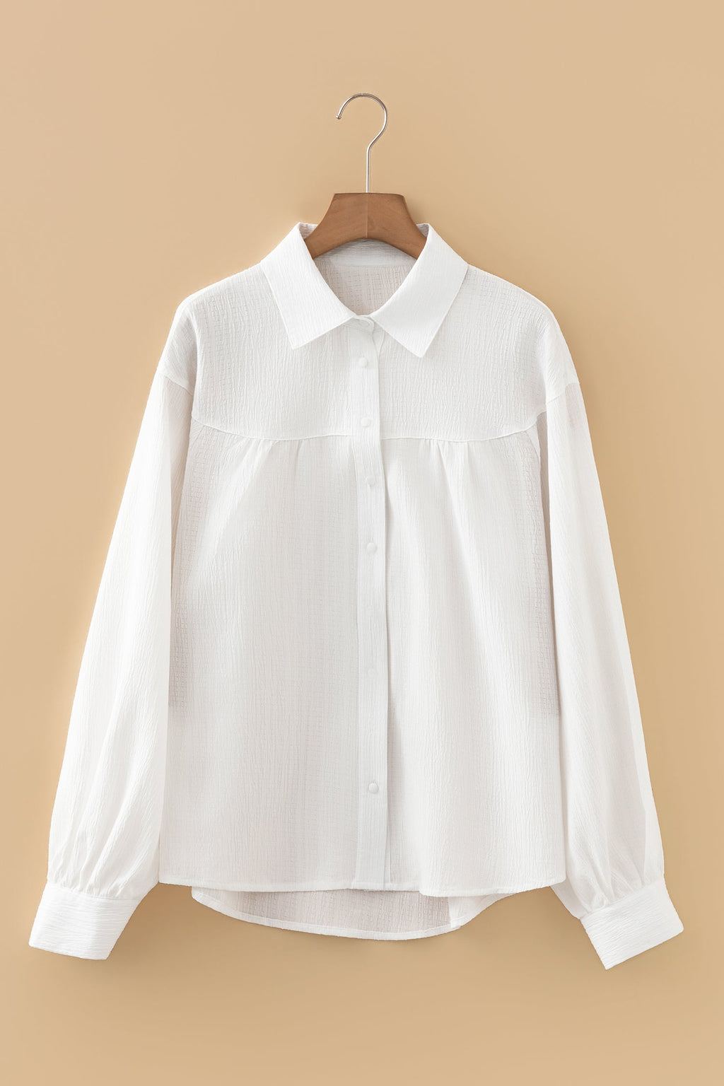 Solid Crinkled Lantern Sleeve Buttoned Shirt