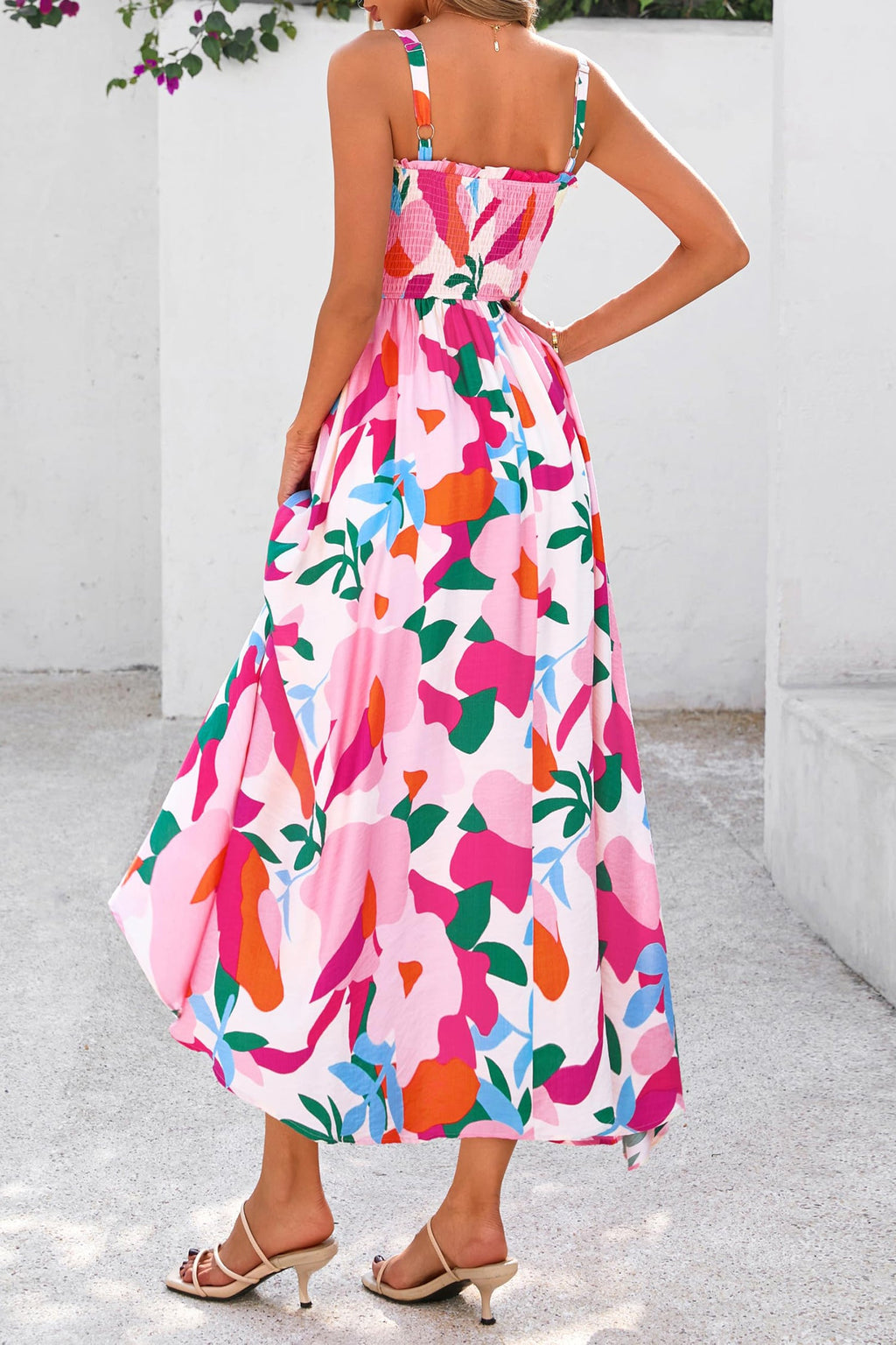Pink Floral Print Adjustable Straps Smocked High Waist Sundress