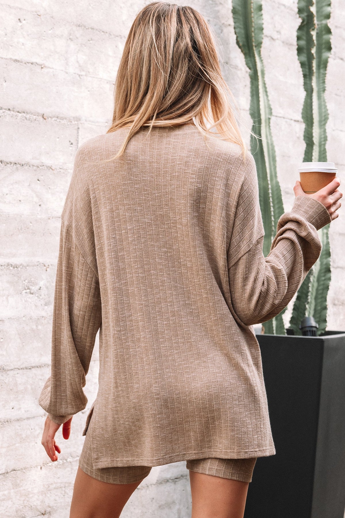 Ribbed Knit Pullover Top and Biker Short Set
