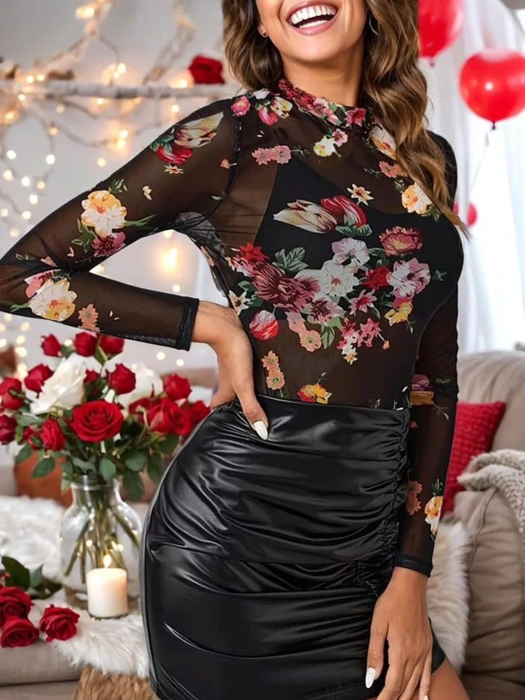 Sheer Mock Neck Long Sleeve Top