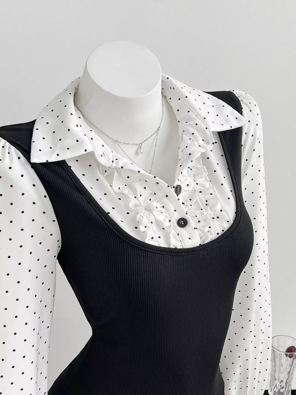 Polka Dot Flounce Sleeve Layered Look Blouse