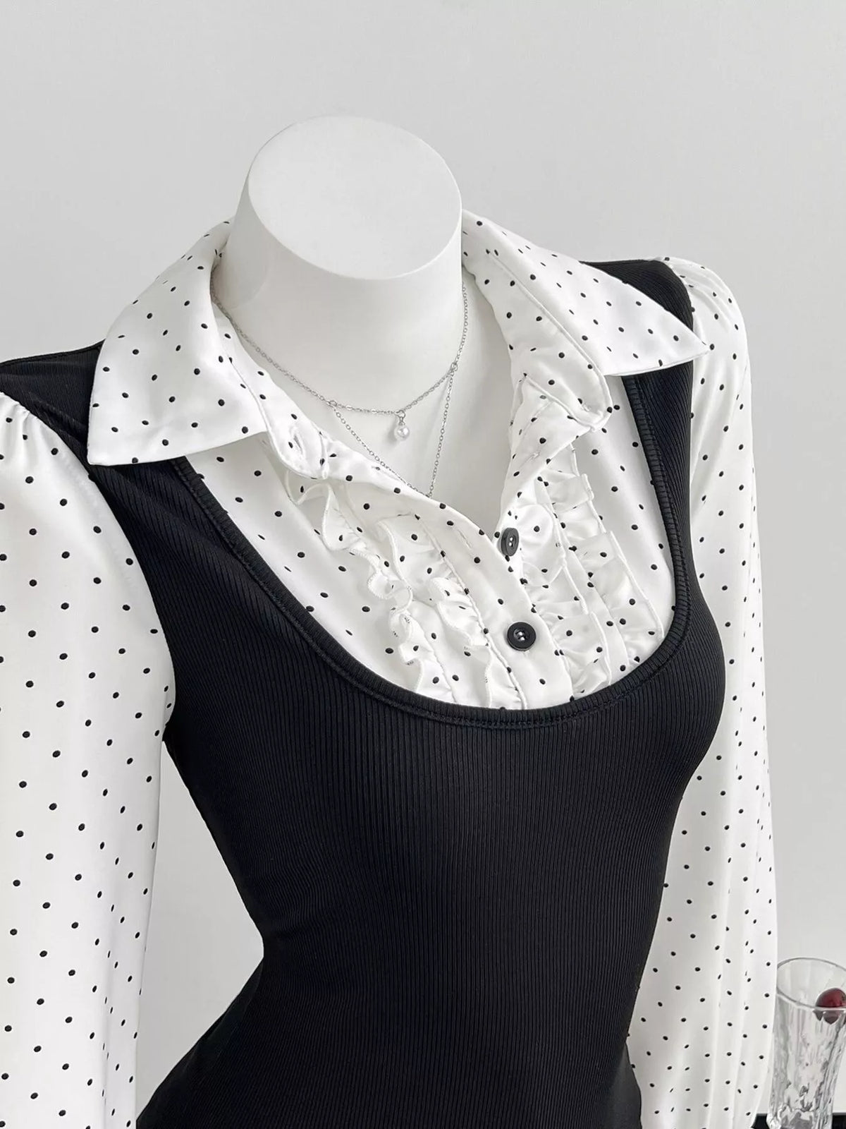 Polka Dot Flounce Sleeve Layered Look Blouse