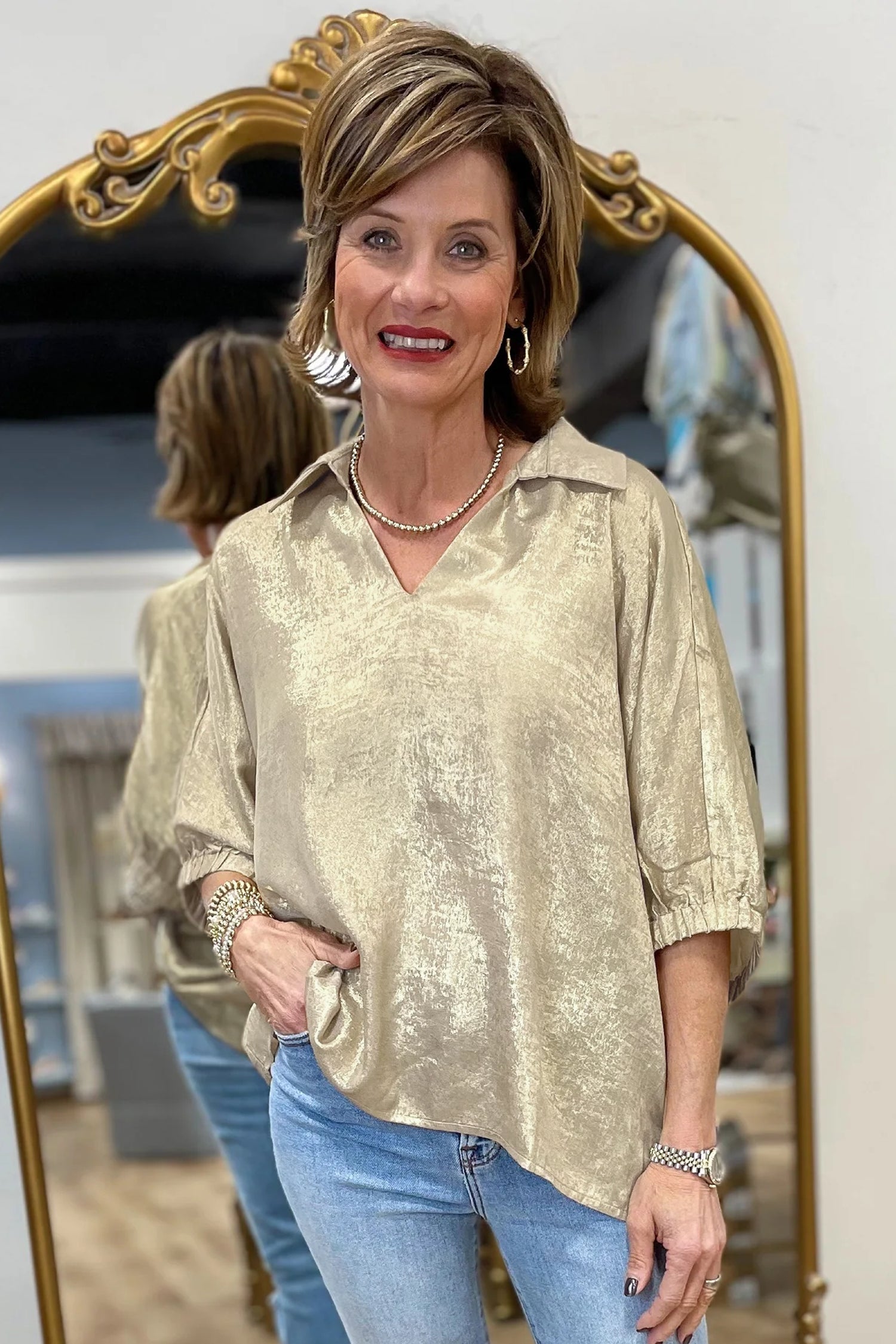 Casual Collared V Neck Half Sleeve Metallic Top