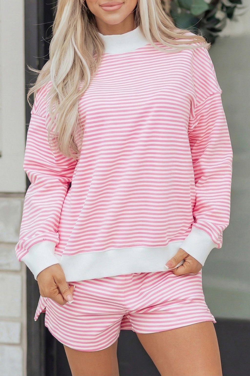 Pink Stripe Oversize Mock Neck Sweatshirt and Shorts Set