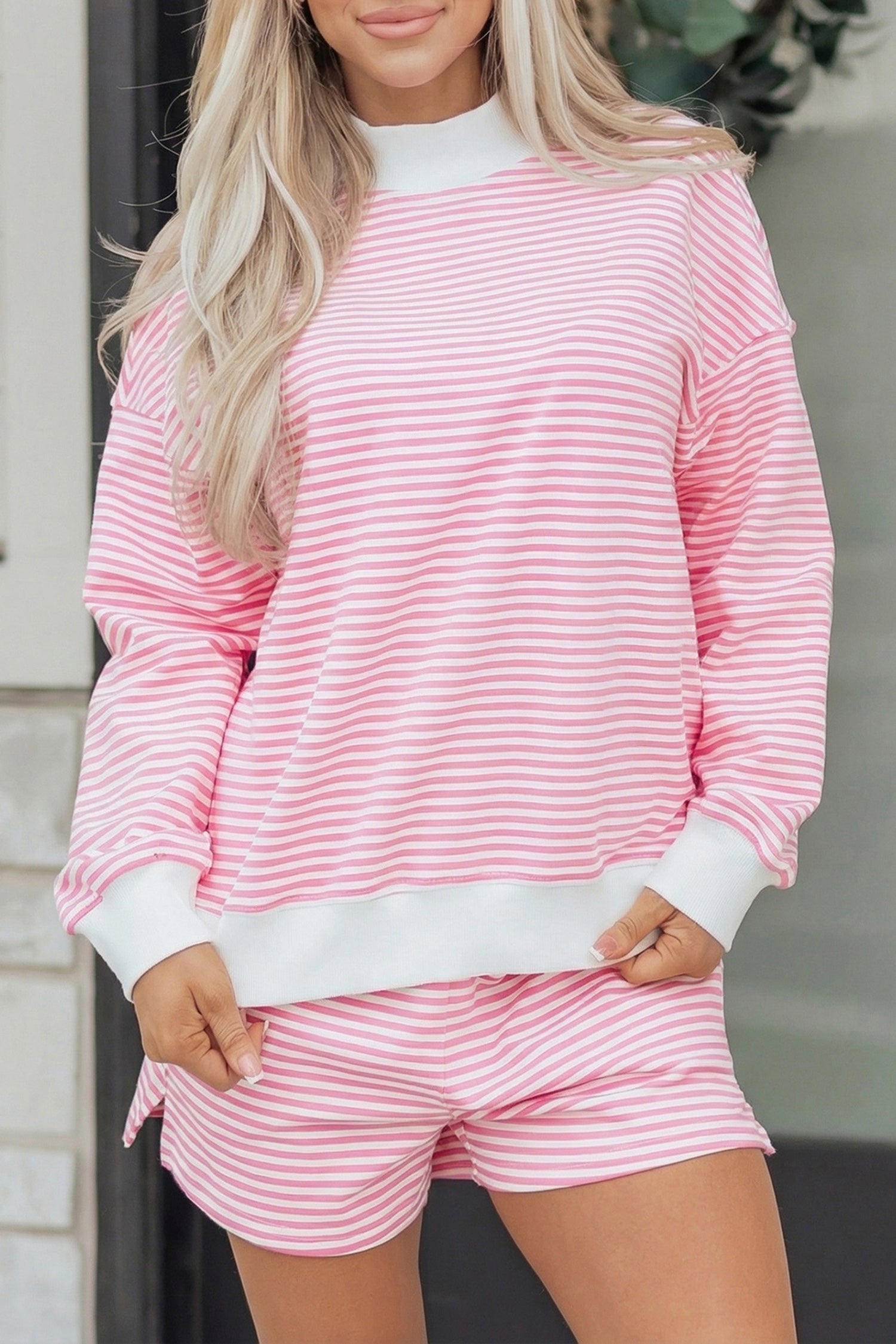 Pink Stripe Oversize Mock Neck Sweatshirt and Shorts Set