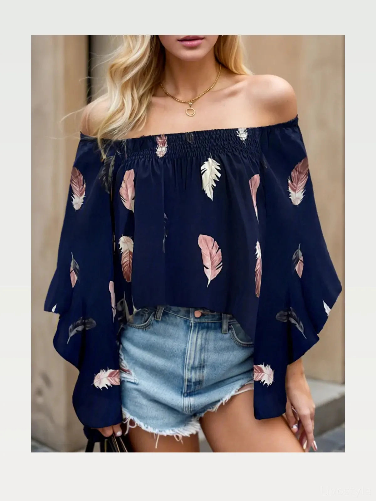 Off-Shoulder Feather Print Blouse with Three-Quarter Sleeves