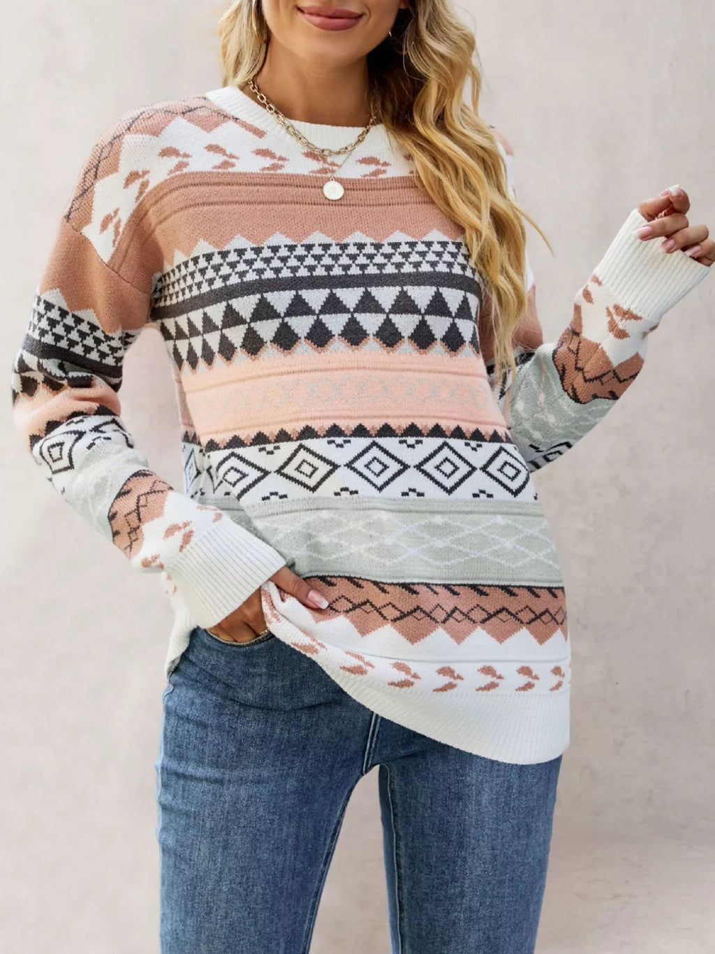 Geometric Pattern Dropped Shoulder Sweater
