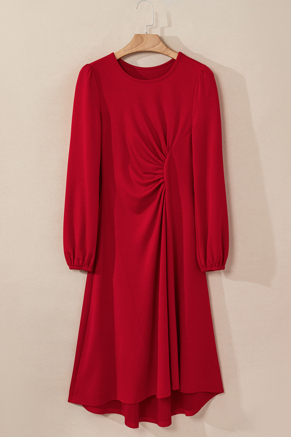 Solid Ruched Long Sleeve Midi Dress