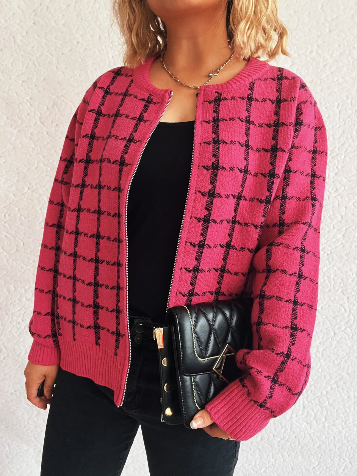 Plaid Zip-Up Cardigan with Gentle Stretch