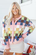 Checker Textured Knit Button Front Cardigan Sweater