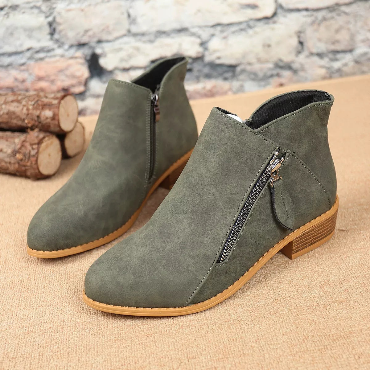 Size Zipper Block Heels Boots