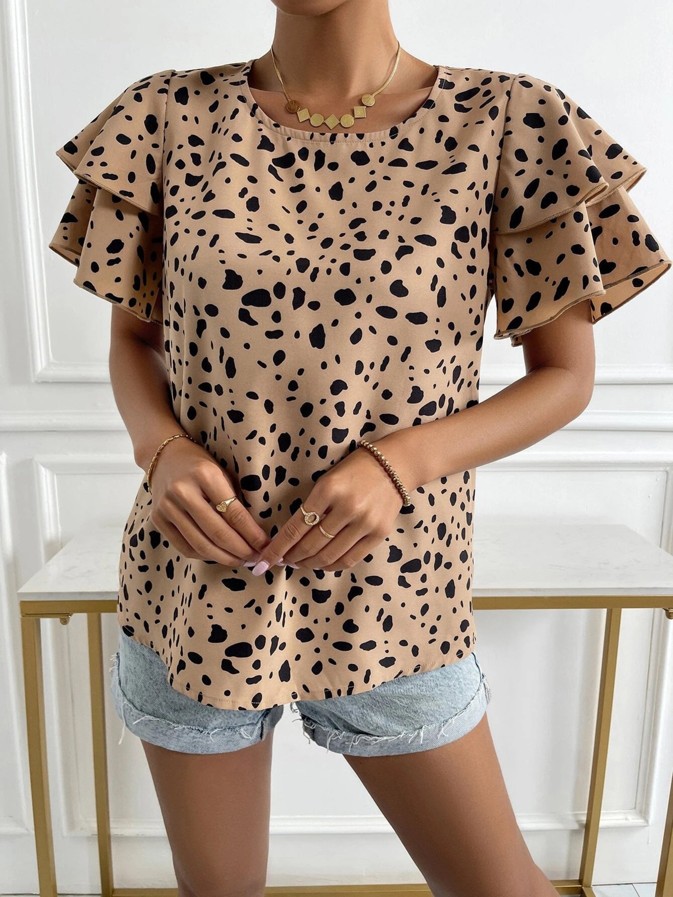 Animal Print Ruffle Sleeve Blouse