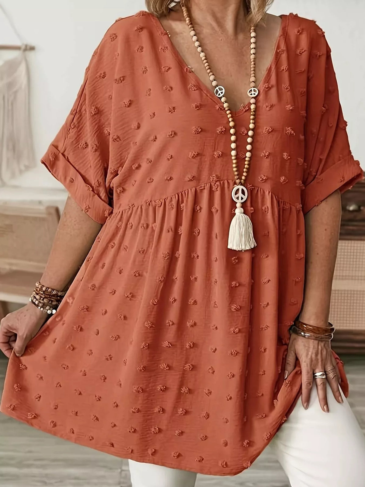Plus Size Swiss Dot V-Neck Casual Blouse