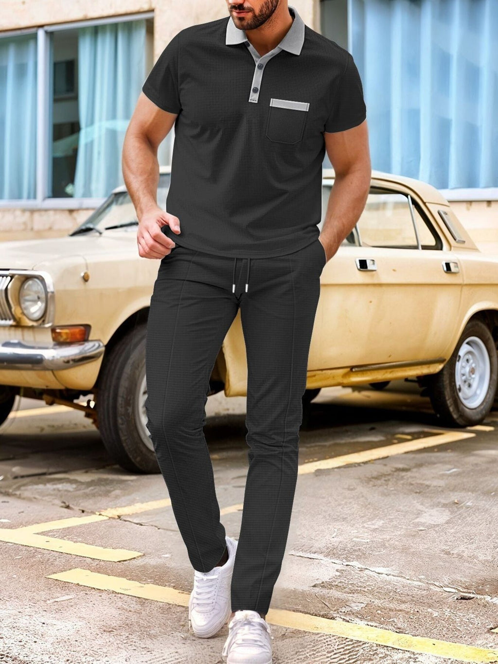 Men's Full Size Short Sleeve Polo and Pants Set Plus Size