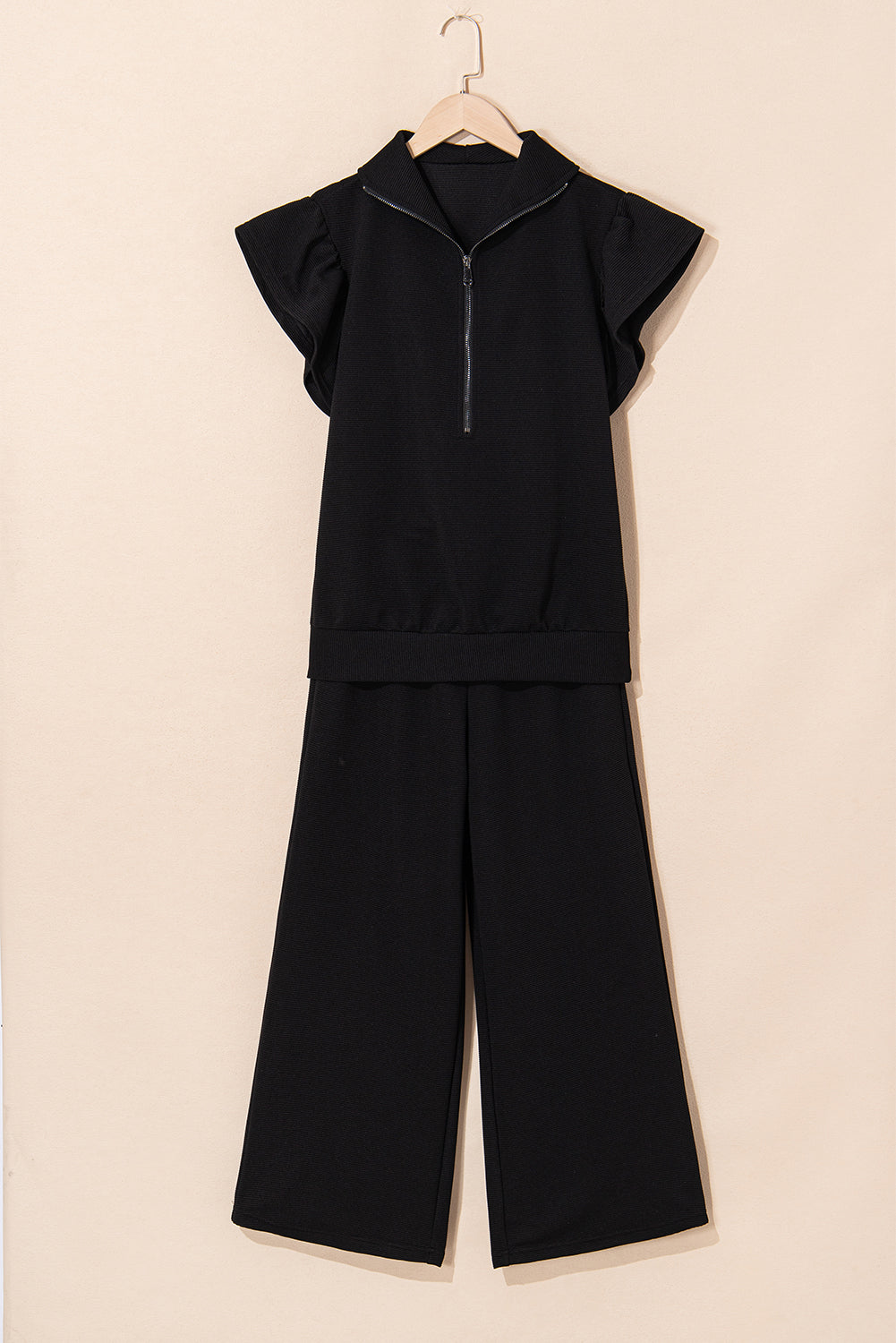 Textured Ruffle Half Zip Top and Pants Set