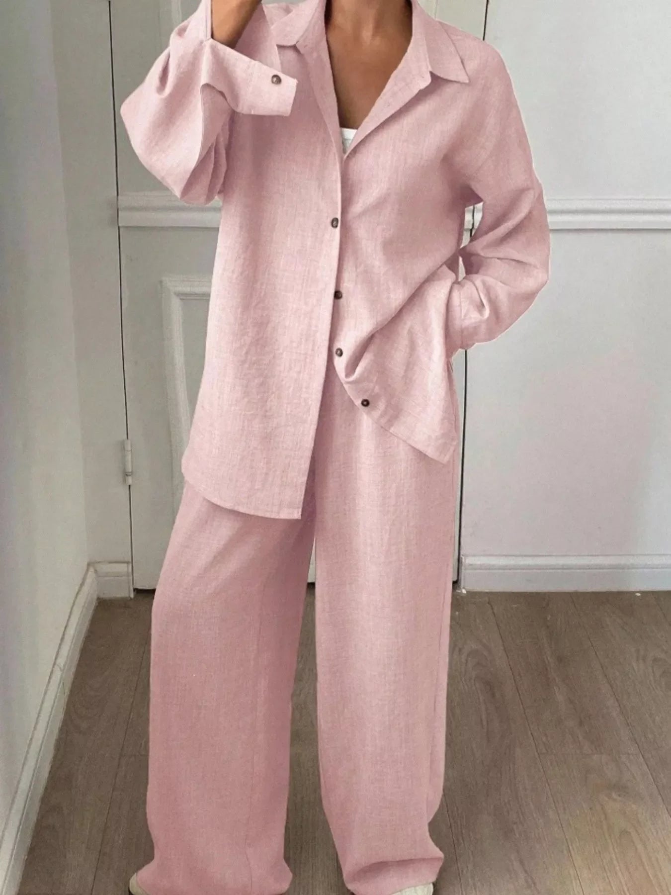 Button Up Long Sleeve Shirt and Wide Leg Pants Set