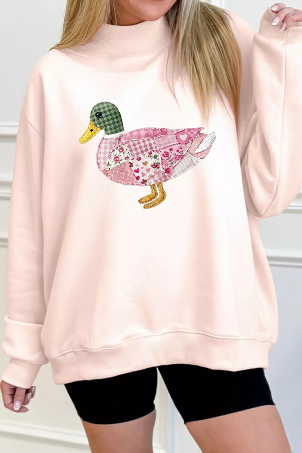 Patchwork Mallard Printed Graphic Mock Neck Pullover Sweatshirt