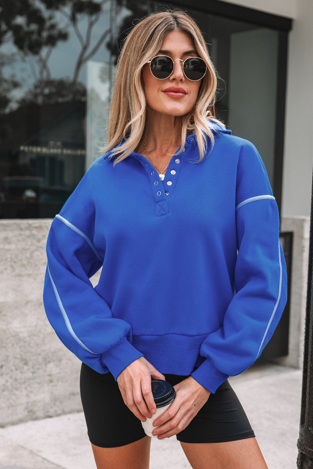 Sky Blue Button up Collared Exposed Seam Chic Sweatshirt