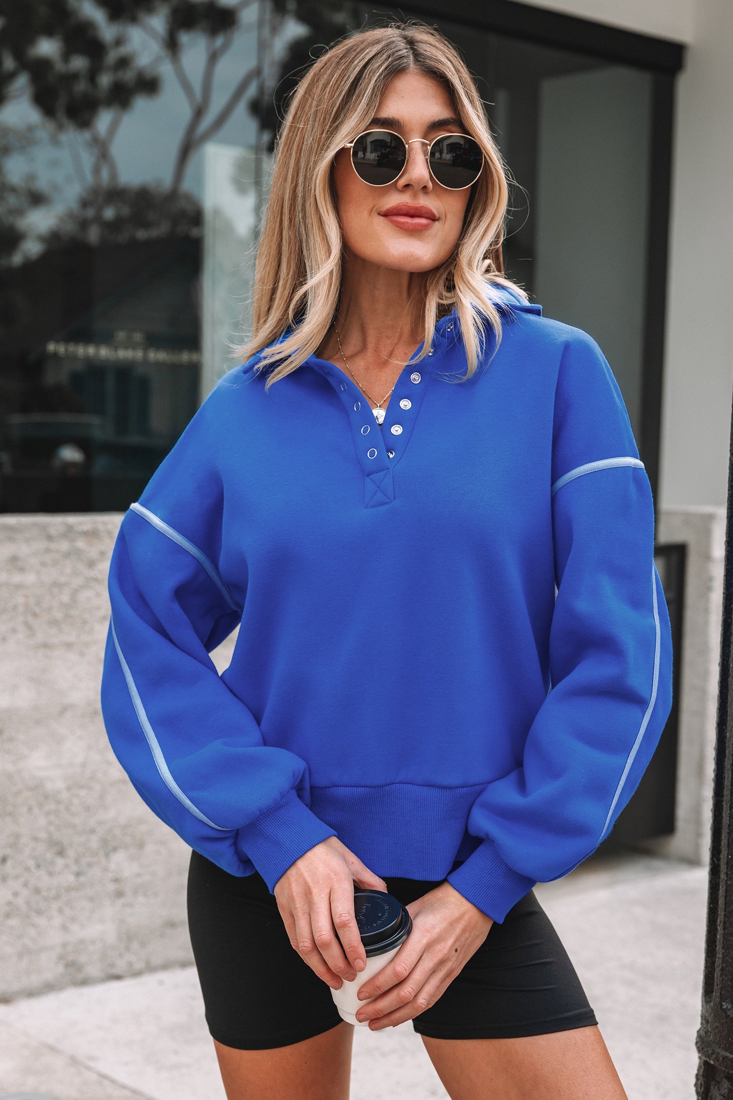 Sky Blue Button up Collared Exposed Seam Chic Sweatshirt