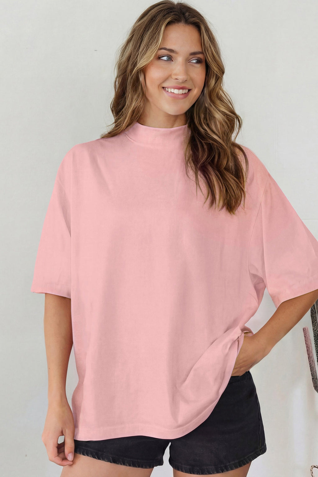 Pink Solid Color High Neck Oversize Tee
