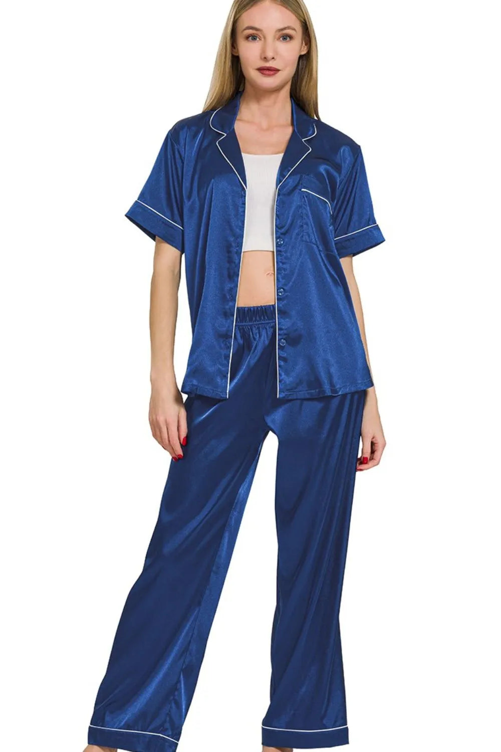 Satin Short Sleeve Button Down Top and Pants Pajama Set