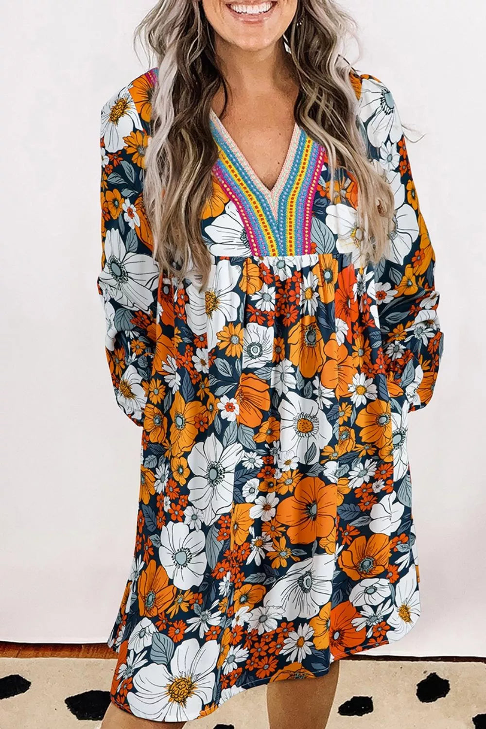 Boho Floral Print V-Neck Mini Dress with Pockets