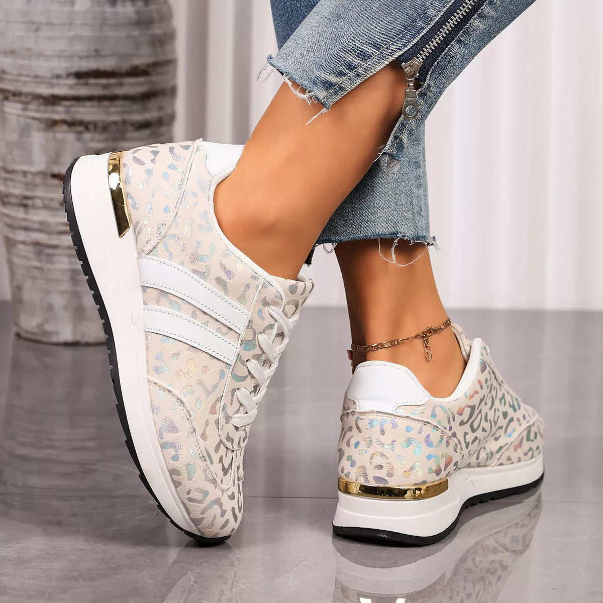 Leopard Print Lace-Up Sneakers
