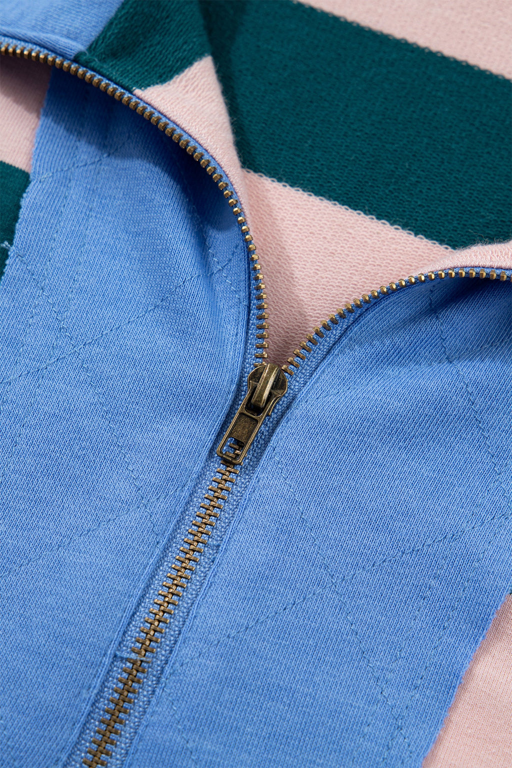 Green Stripe Quarter-Zip Metal Zipper Cover Stitch Hem Top