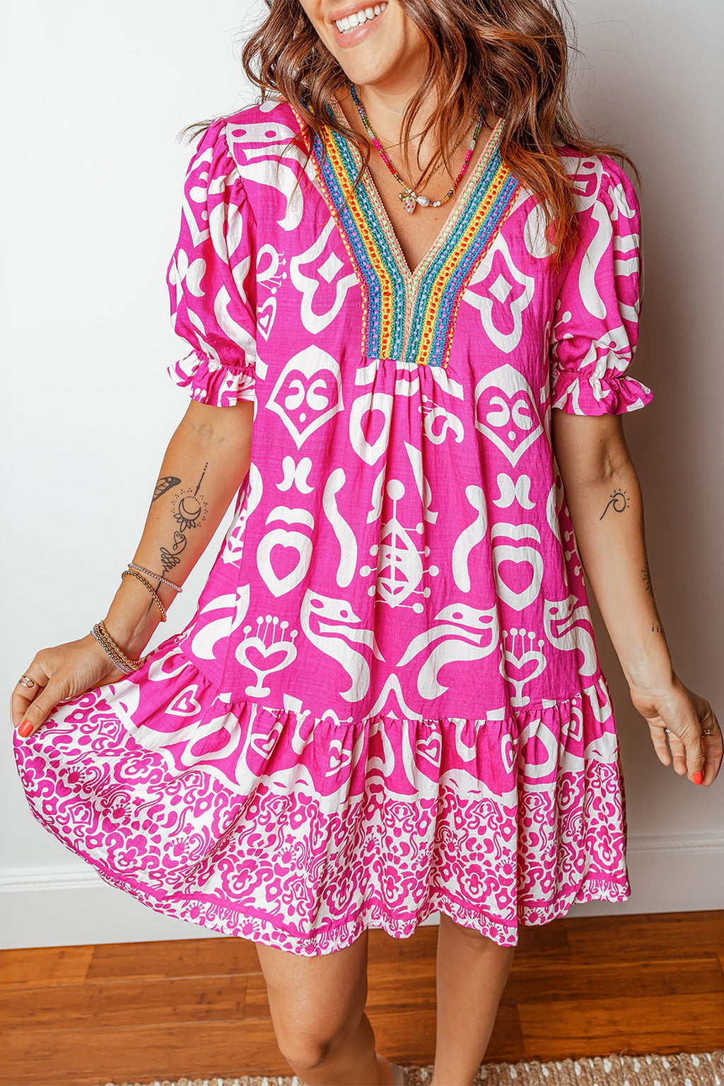 Rose Boho Mixed Print Contrast Trim V Neck Short Sleeve Flared Dress