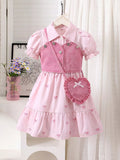 Children's Bow Print Puff Sleeve Dress and Vest Set with Heart Bag