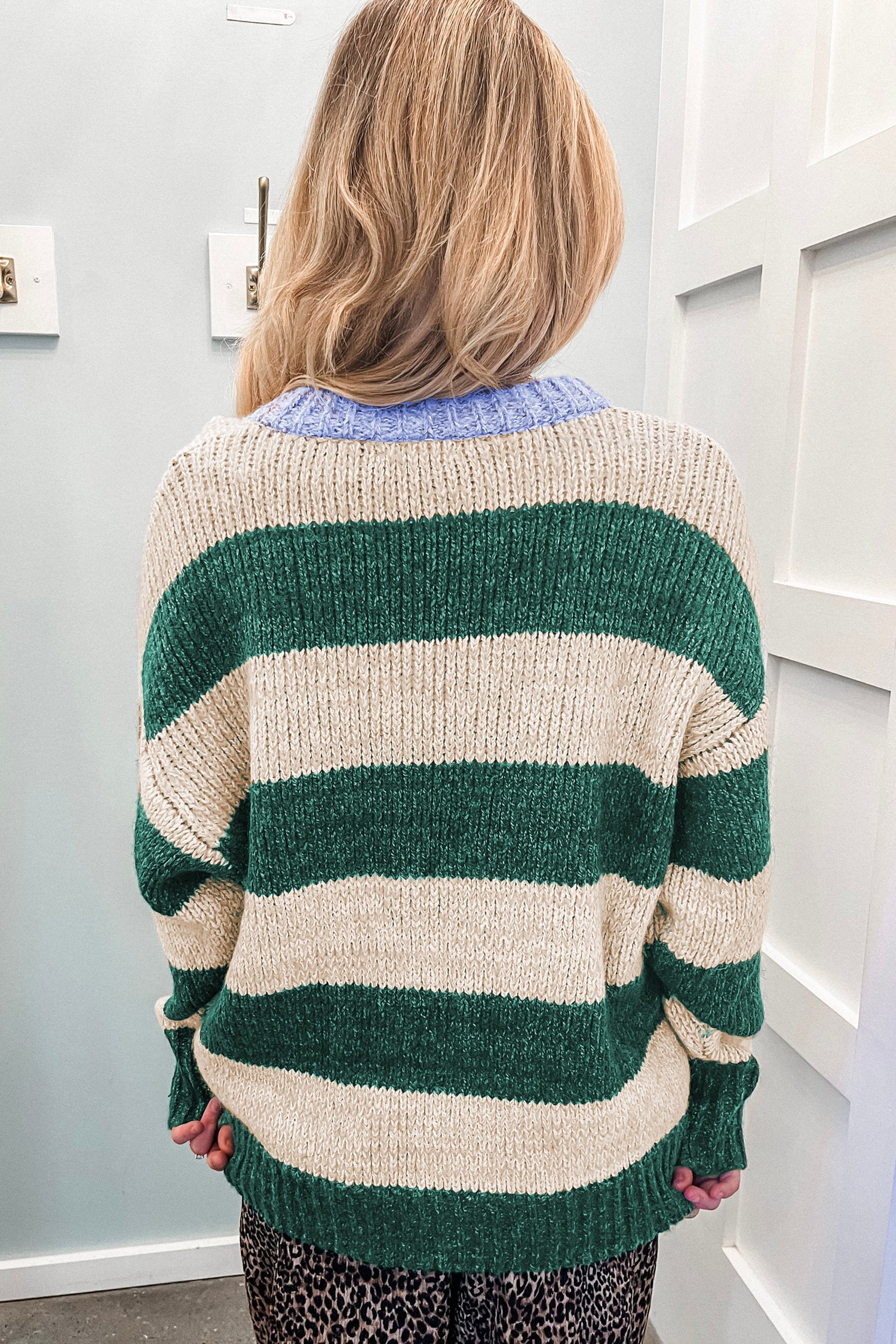 Green Stripe Striped Colorblock Drop Shoulder Pullover Sweater