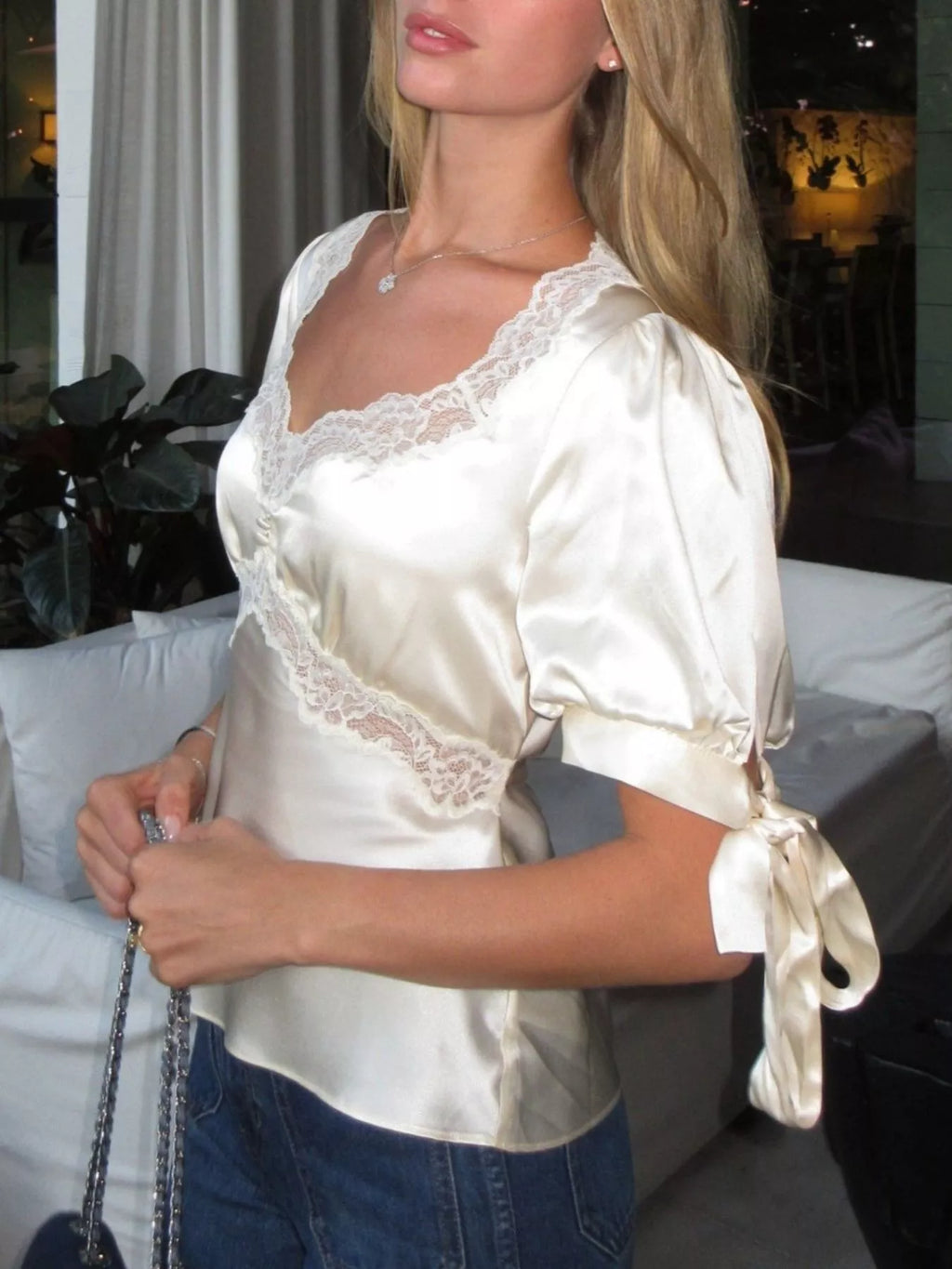 Satin Lace Trim and Tie-Sleeve Detail Blouse