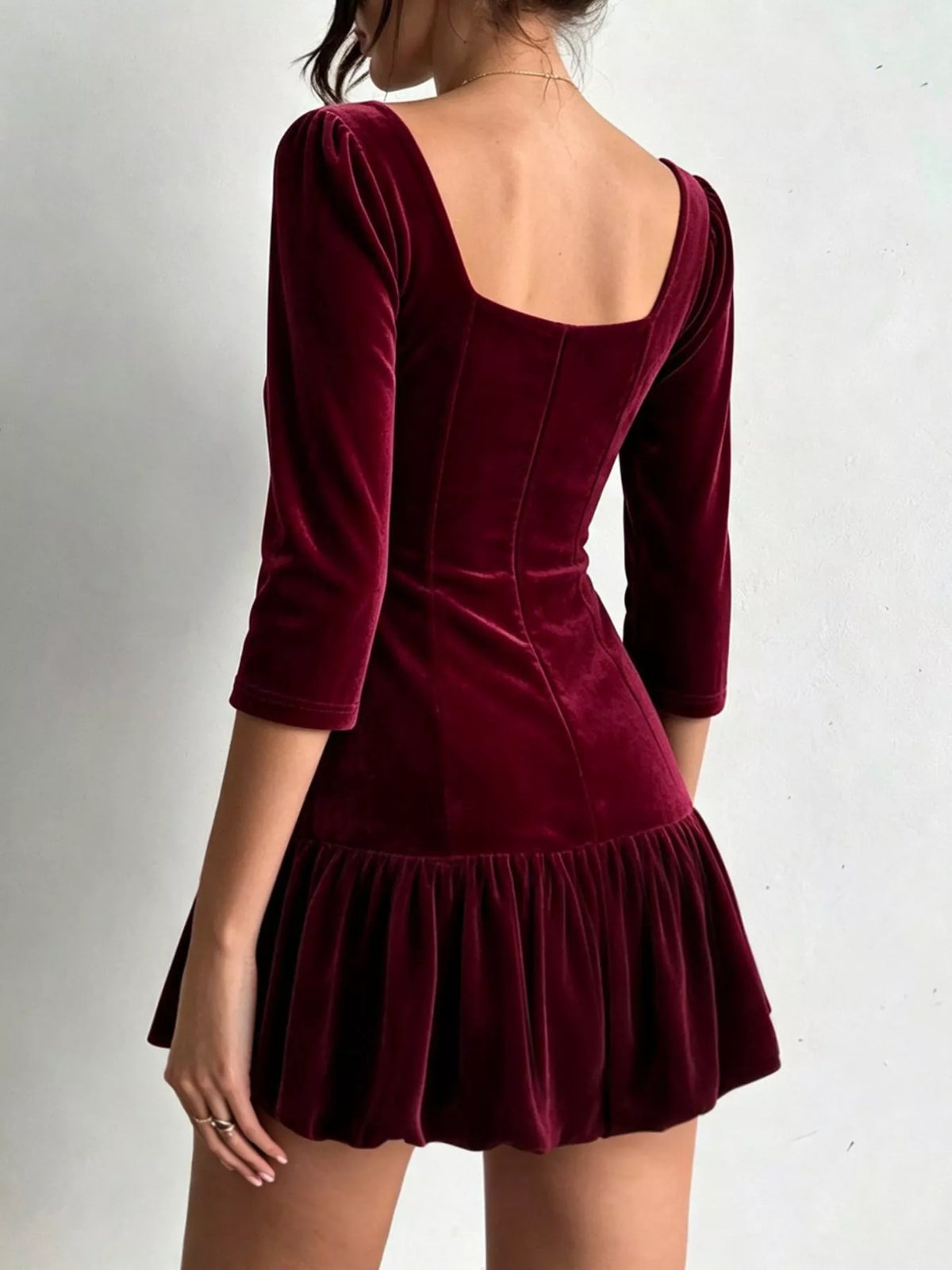 Christmas Velvet Square Neck Mini Dress with Ruffled Hem