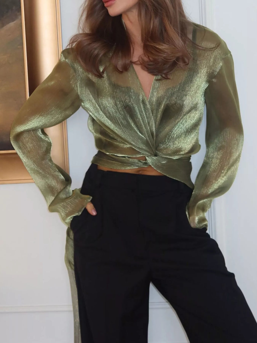 Sheer Front Tie Detail Long Sleeve Shirt