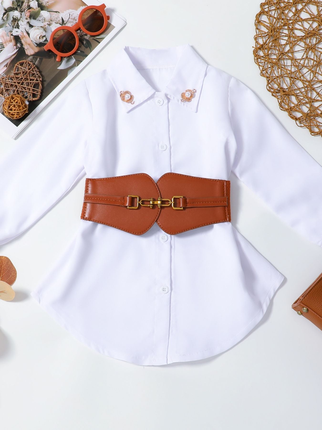Children's Belted Long Sleeve Shirt Dress