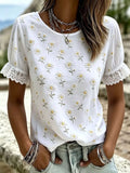Plus Size Daisy Lace Detail Puff Sleeve T-Shirt